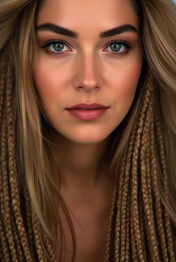  a close up of a woman with long hair and braids,  woman with braided brown hair ,  beautiful face, extremely beautiful face, Girl with braids,  beautiful face atractiva,  pigtail hairstyle, backlit beautiful face,  Portrait of Sophie Mudd , , ultra beauti...