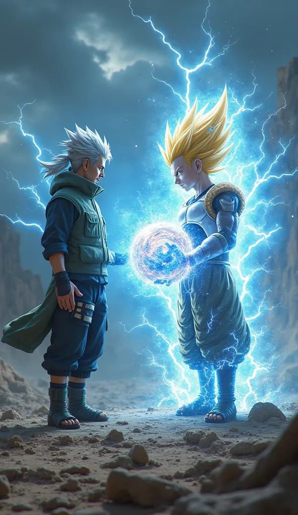 A breathtaking, hyper-realistic scene where Kakashi Hatake from Naruto Shippuden faces off against Vegeta from Dragon Ball Z in an epic battle on a desolate, war-torn battlefield. The ground beneath them is shattered, cracked from the overwhelming pressure...