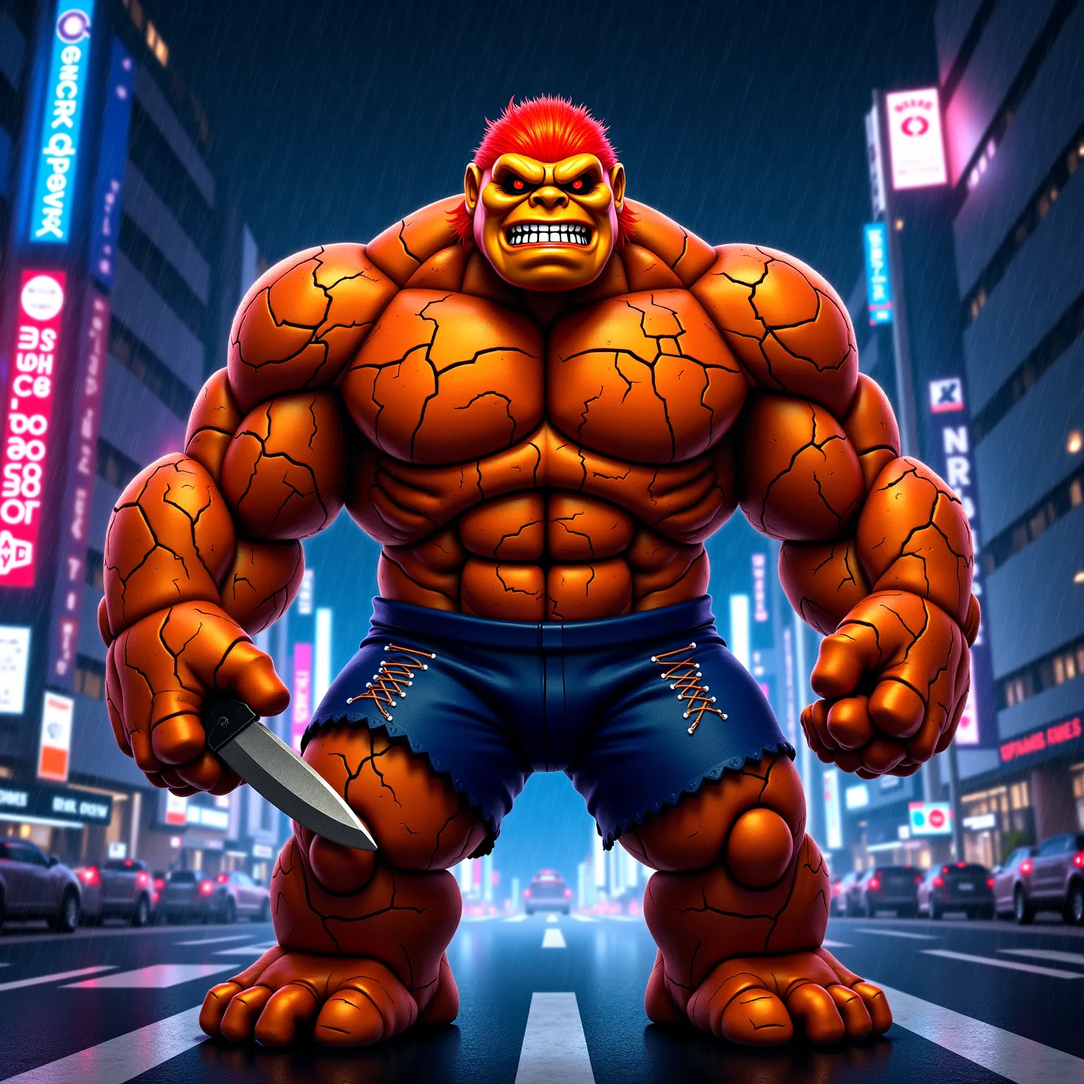 Prompt:
"Create a high-quality digital illustration of a fusion between The Thing and Chucky from ’s Play, standing in the middle of a neon-lit Tokyo street at night. This hybrid character has the massive, rock-like body of The Thing, but with Chucky’s sin...