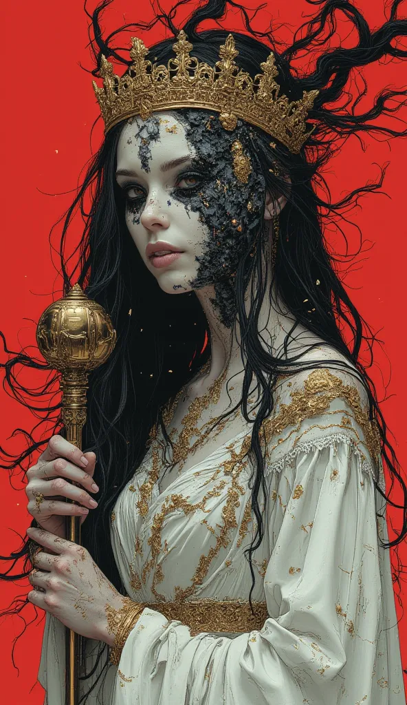 "A dark fantasy illustration of a queen in a tattered white and gold gown, her golden crown cracked and sinking into her long, unkempt black hair. Her face is eroding into a swirling void of black mist and ghostly figures, with faint celestial constellatio...