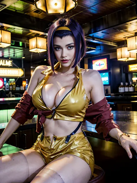 (masterpiece:1.2, best quality:1.2, beautiful, high quality, highres:1.1), detailed, extremely detailed, 4K, 1girl south asian, solo, pose, fayevalentine, yellow hairband, red jacket off shoulders, crop top, cleavage, purple hair, green eyes, seductive smi...