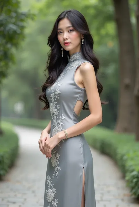 A photo-realistic shoot from a front camera angle about a beautiful woman in a long, elegant grey cheongsam dress standing in a lush, green park. the image also shows a serene outdoor setting with trees and a stone pathway in the background. on the middle ...