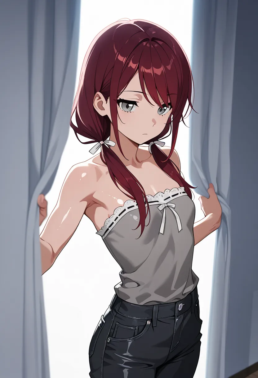 masterpiece, best quality, amazing quality, , expressionless girl, thin, long low twin tails, gray eyes, dark red hair, long swept bangs, small breasts, toned arms, gray shirt, strapless loose sleeveless shirt, shirt with white trim, shirt with frill trim,...