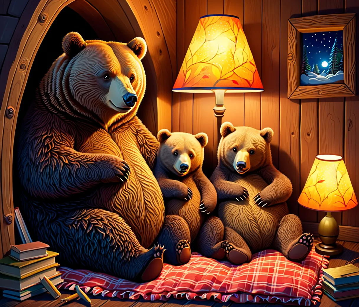 cute illustration, bear family feral hibernating, in den, comfortable and warm, looks happy, nestle, colorful, draw with thick lines, lamp light, fancy, fantasy, hires textures, highly detailed, intricate details, best quality, masterpiece