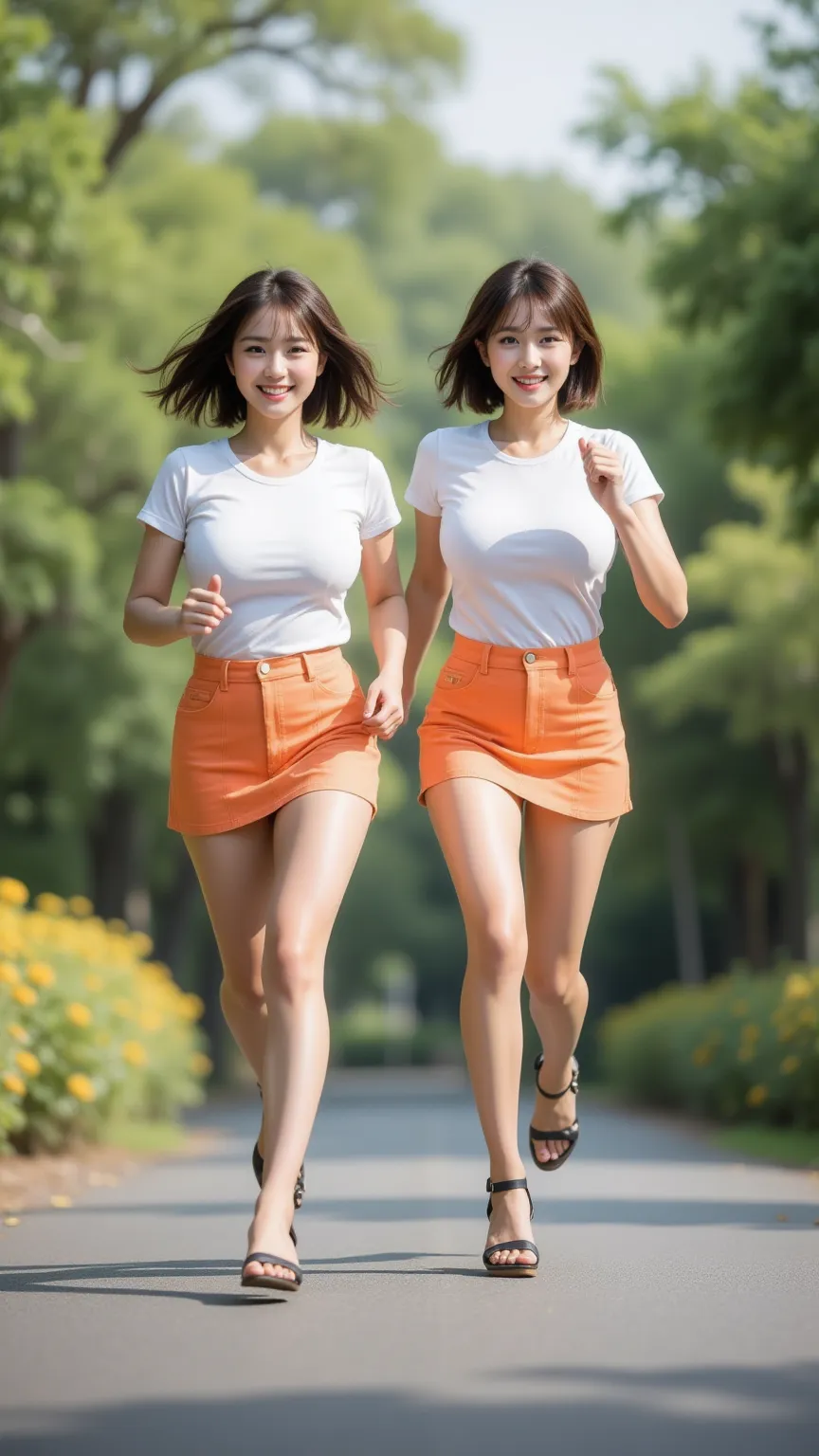  8K, RAW photos , super A high resolution, top quality , masterpiece:1.2),  (realistic illustration ), (highly detailed CG Unity 8K wallpaper), ((full body image :1.5)), ((full body:1.5)), ((2 women:1.5)), ((2 women are sprinting with their arms waving and...