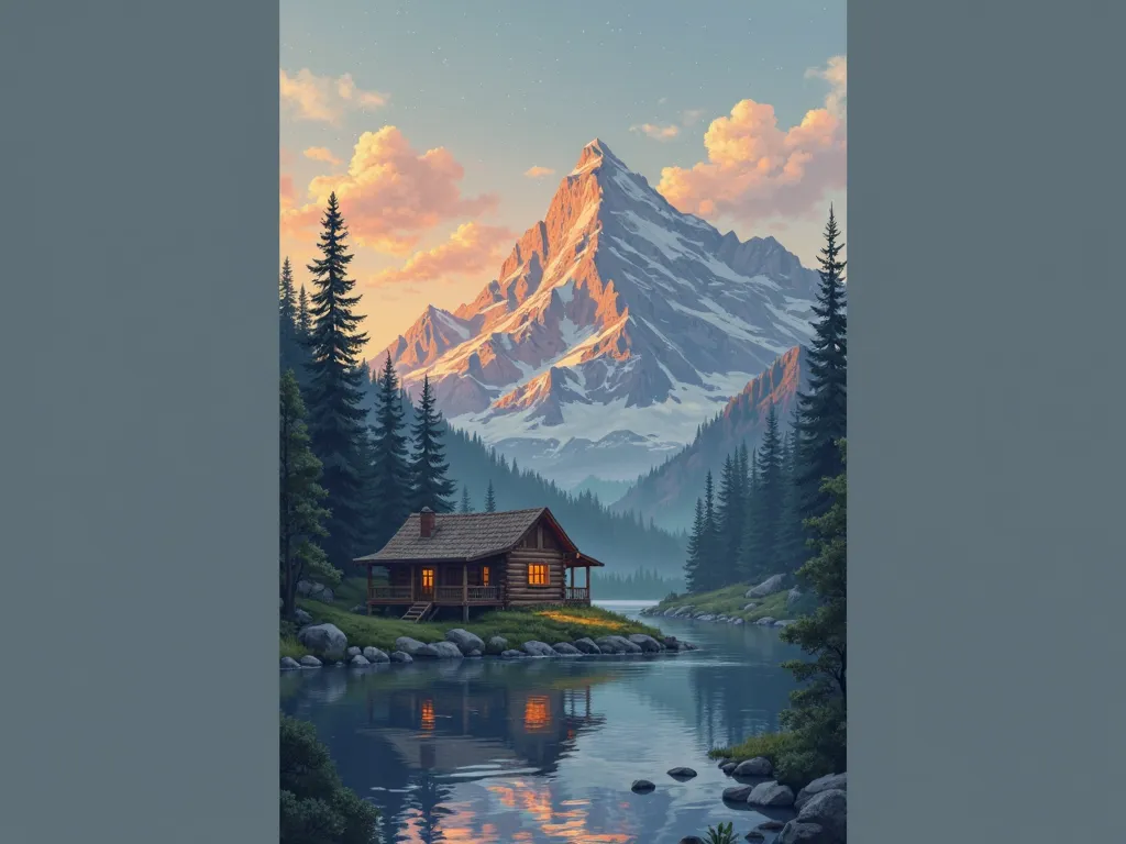 make me a easy drawing of a mountain landscape with a sunset in the back and a cabin at the base with some trees and a lake make it easy to draw