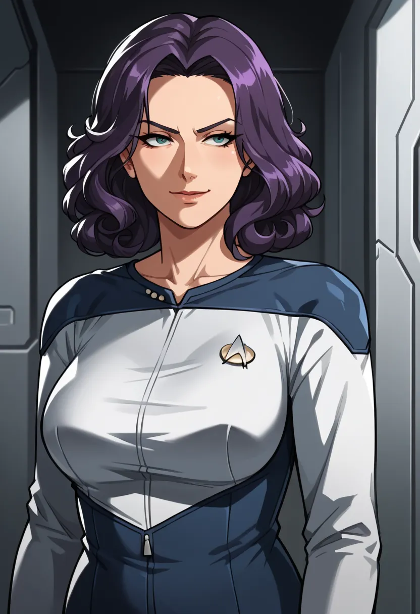 chubby, purple hair, portrait, white clothing, cinematic, masterpiece, smirking, STARTREK MAGAZINE, score_9, score_8_up, score_7_up, score_6_up,anime screencap, rating safe, 1girl,black hair,curly hair,mature,serious,solo, upper body,corridor,scifi,metal,s...