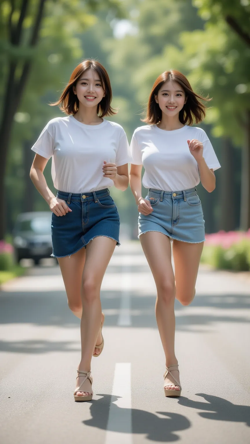  8K, RAW photos , super A high resolution, top quality , masterpiece:1.2),  (realistic illustration ), (highly detailed CG Unity 8K wallpaper), ((full body image :1.5)), ((full body:1.5)), ((2 women:1.5)), ((2 women are sprinting with their arms waving and...