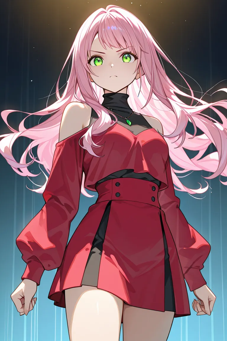 An anime-style woman with long pink hair with bangs, intense green eyes and serious expression. She wears a red outfit consisting of a short skirt and a short top with bare shoulders and sleeves Lonadas. Her appearance is elegant and striking,  with dramat...