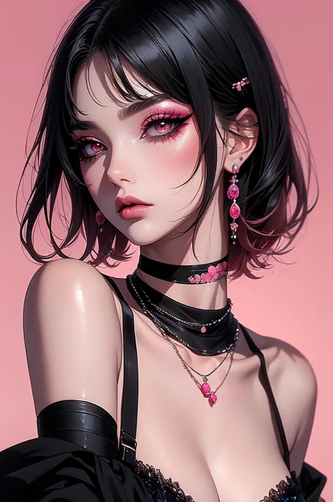 an anime style painting of a woman with makeup and dark clothes on a pink background, 1girl, solo, jewelry, earrings, short hair, eyeshadow, makeup, black hair, upper body, choker, pink choker