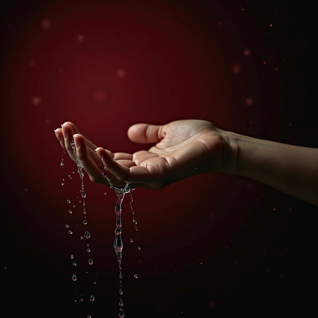 A sensual and intimate close-up of a feminine hand held downward, with transparent liquid dripping from the fingertips, as if just removed from a bucket. The hand is positioned elegantly, expressing subtle tension and emotion, with drops of liquid reflecti...