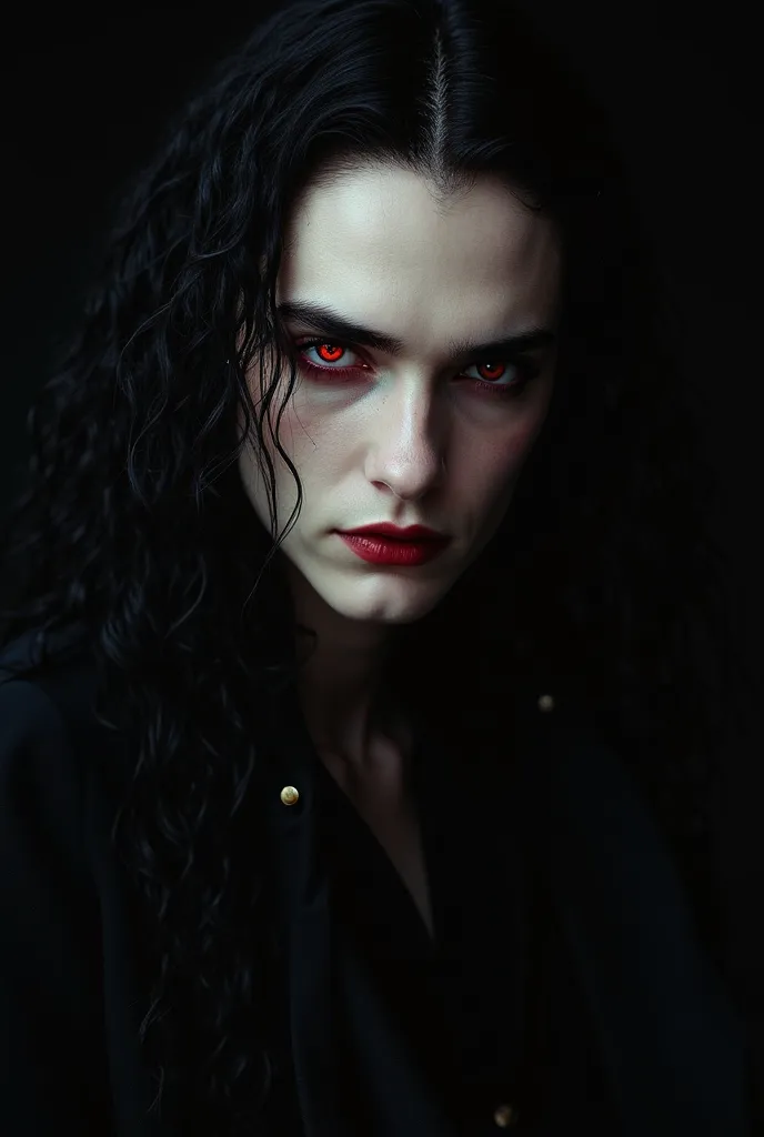 High-resolution hyperrealistic large image of the charming Aro Volturi character with curly long black hair and dark red eyes (notice the light in his eyes), half-turned towards the viewer. member of the Volturi clan from the Twilight saga, on a black back...