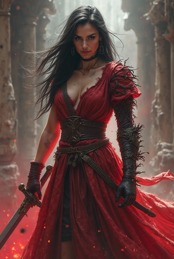 Red color character standing sword in hand, and she is posed ready for battle with black hair. her gown tattered and one arm is beginning to turn into that of a dragon without wings
.