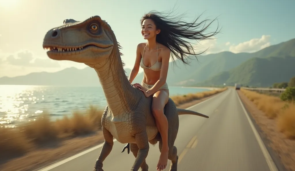  lots of details  ,　beautiful girl riding on the back of a velociraptor,  (Low body weight), 20 years old,  Detailed Black Hair ,  beautiful detailed hair, So beautiful, Delicate and beautiful face, complex, beautiful, delicate eyes, perfect hands with ful...