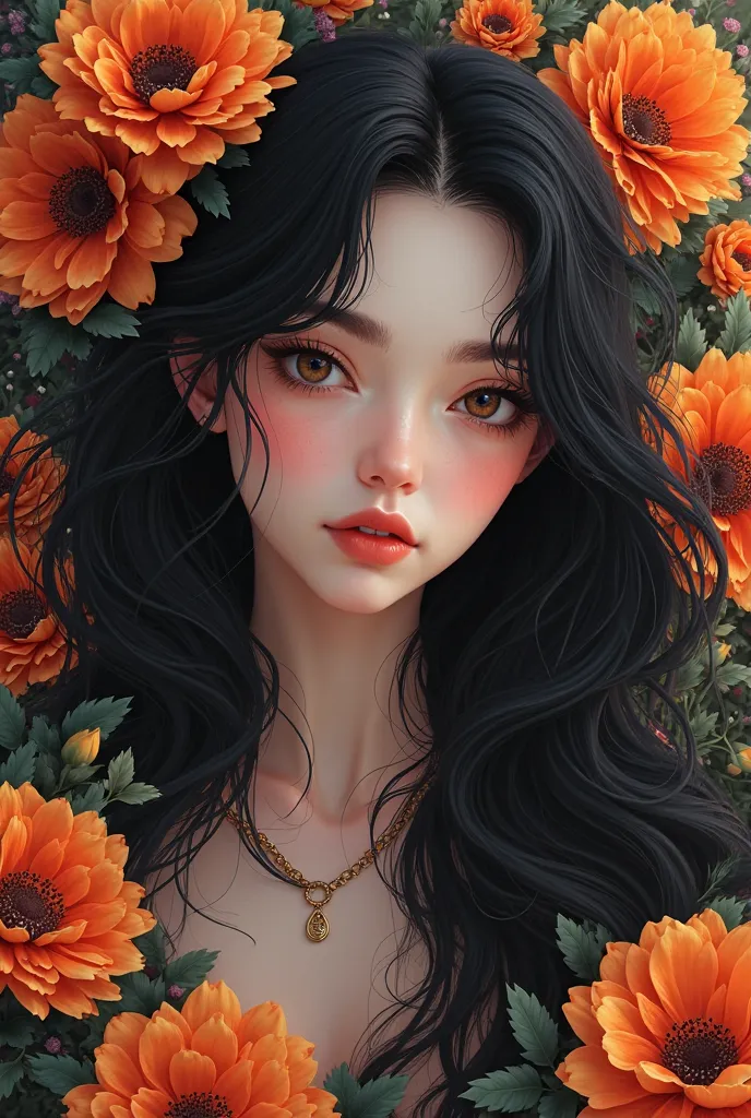 Let the vtuber image with black hair on the shoulders of black hair be a woman, let it be flowers in black orange colors that will be written by AIEksioglu