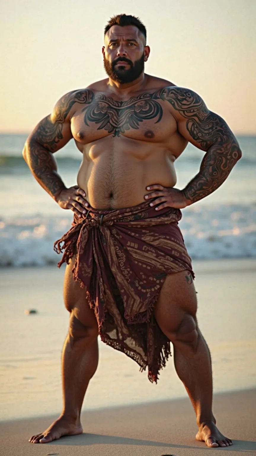 a huge stocky muscular dark-tan skin middle-age man with an all black maori tattoo on the entire arm and torso. His hands are on his hips. Standing straigt up with his legs spread apart. He wears a batik dothi only. He is standing on the white sandy beach ...