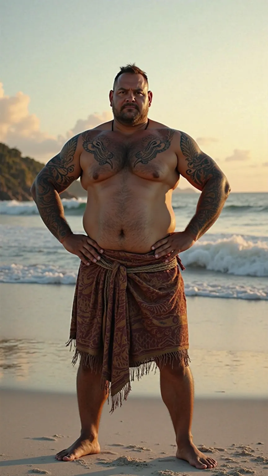 a huge stocky muscular dark-tan skin middle-age man with an all black maori tattoo on the entire arm and torso. His hands are on his hips. Standing straigt up with his legs spread apart. He wears a batik dothi only. He is standing on the white sandy beach ...