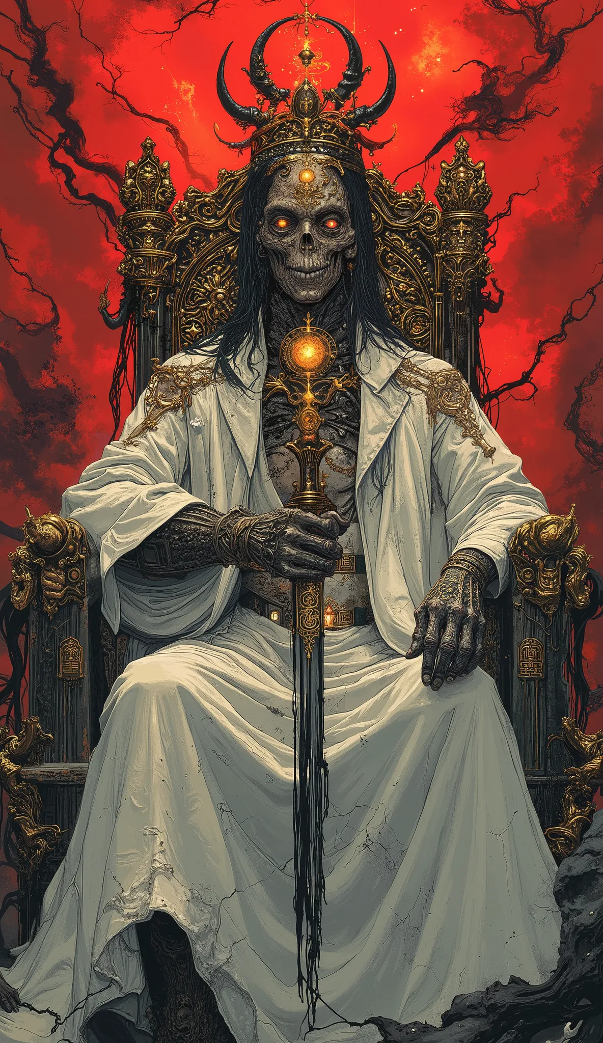 "A dark monarch sits upon a towering, twisted throne of blackened bones and gold filigree. His face is partially erased by a swirling cosmic void, with golden geometric symbols forming in the empty space where his features once were. His heavy white robe f...