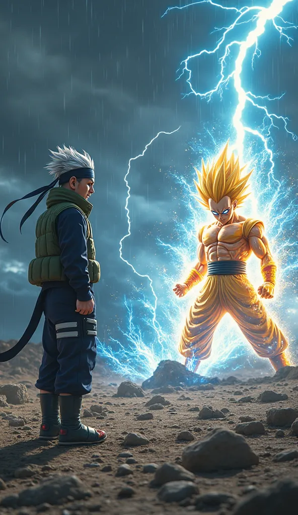 A hyper-realistic and intense battle scene between Kakashi Hatake from Naruto Shippuden and Vegeta from Dragon Ball Z, set in a desolate, rocky wasteland. The environment is dark and stormy, with the ground cracked and scorched from the energy radiating of...