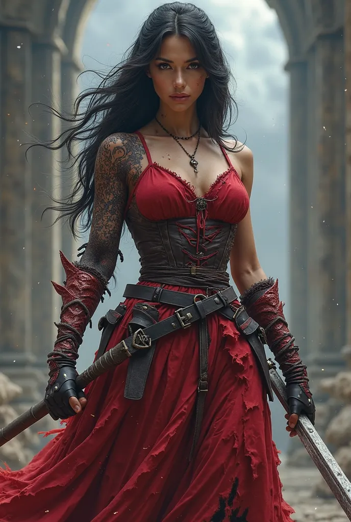 Red color character standing sword in hand, and she is posed ready for battle with black hair. her gown tattered and one arm is beginning to turn into that of a dragon without wings
.