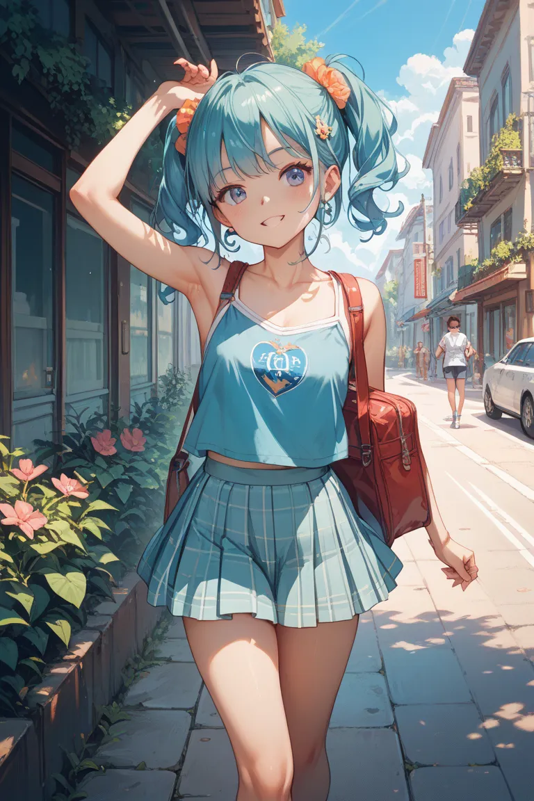 Female junior high school student walking while showing off her super smelly armpits on a summer day is erotic