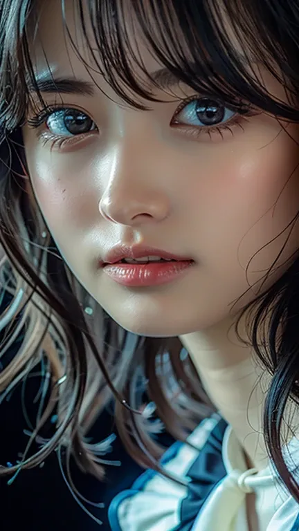 Amazingly detailed CG ,  8k Wallpaper, one of the most beautiful works of art in the world, upper body,  kpop idol, Extremely elaborate and complex facial features, Delicate Skin,  sharp eyes, how to make lips plump in the 80s, long eyelashes,  lustrous ha...