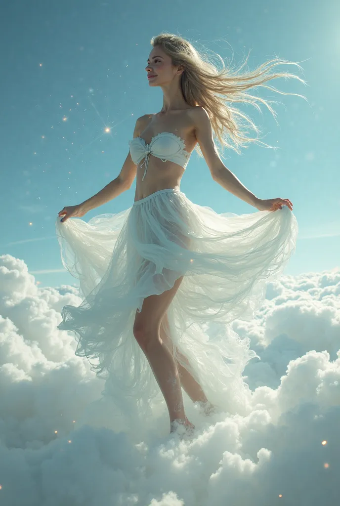 A skinny, sexy, smiling female air elemental dancing seductively for you on a cloud.