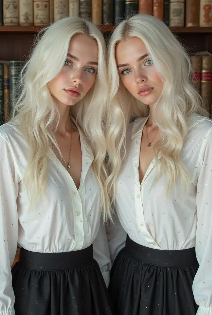 Identical young adult female twins with green eyes. They are snow-white with long, wavy hair. They wear white clothes and a round black skirt.  They're next to each other . Background divided between the music and the other books . Realistic photo . 