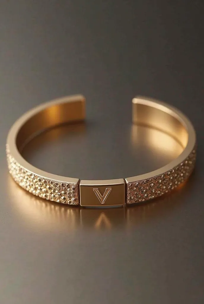 Generate an image of a luxury bracelet with a simple and minimalist design, featuring the MVST, logo with a stylized V that recalls the M. The logo should be placed either discreetly on the clasp, engraved on the surface of the bracelet, or on the inside f...