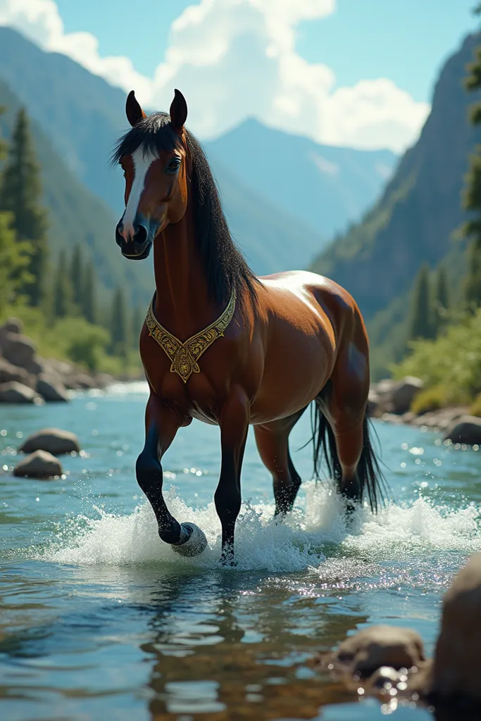 It creates the image of a Mustang horse breed,  wand, Yigit, in a river, on its skin it bears a brand with the name of Ruz,  8K quality 