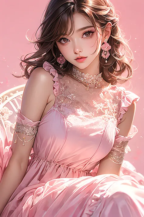 a woman in pink sitting with a dress on, she has earrings, 1girl, solo, jewelry, earrings, pink background, mole, brown hair, lips, mole under eye