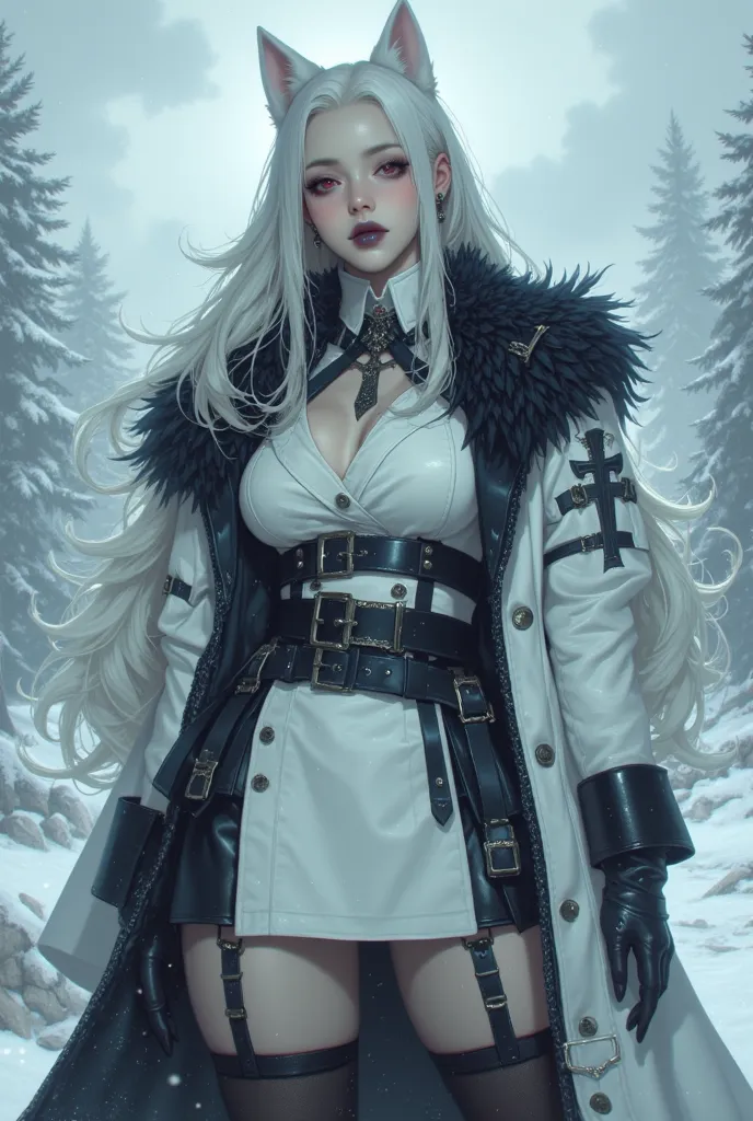 woman, fair skin, blue lips, long white hair, white wolf ears, red eyes, white military uniform with a white coat with black and white fur, full body, exposed cleavage, imposing face, sarcastic smile, in the snow