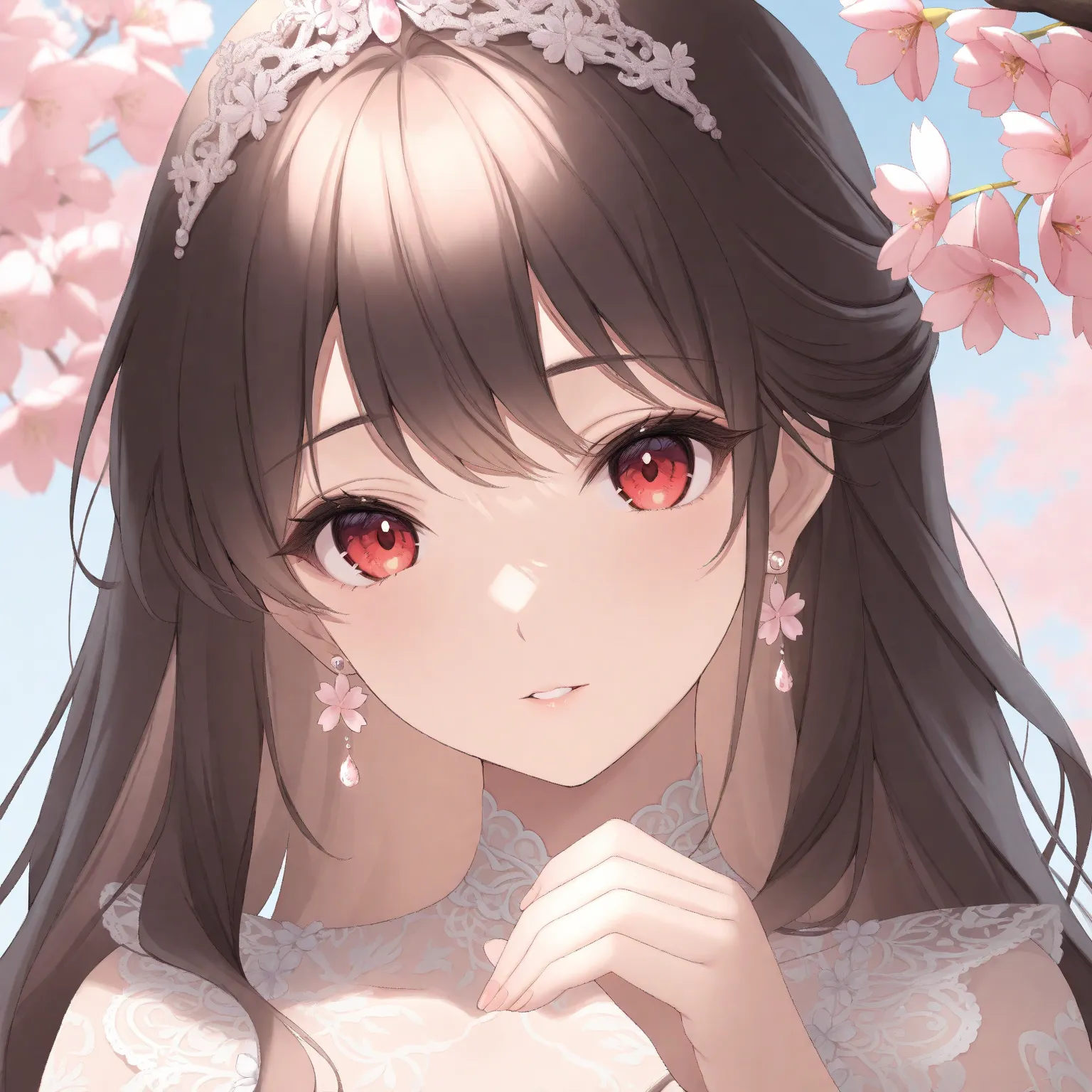 1 girl, earrings, masterpiece, white lace dress, raise your hand,  jewelry, brown hair, long hair, portrait, Red Eyes, Cherry blossom trees、 crown、Cherry blossom headband、waist up、 Sakurabuki