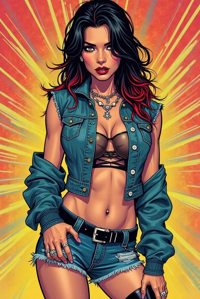 Bold. Vibrant. Striking. Colourful. Comic book style art work. Sleek. Seductive.
Black boots. Jean shorts. A sleeveless jean jacket.
Fit. Aesthetic. Long black hair with red tips.
Silver necklace. Rings. Piercings. Dark eyeliner. Bold lipstick.


