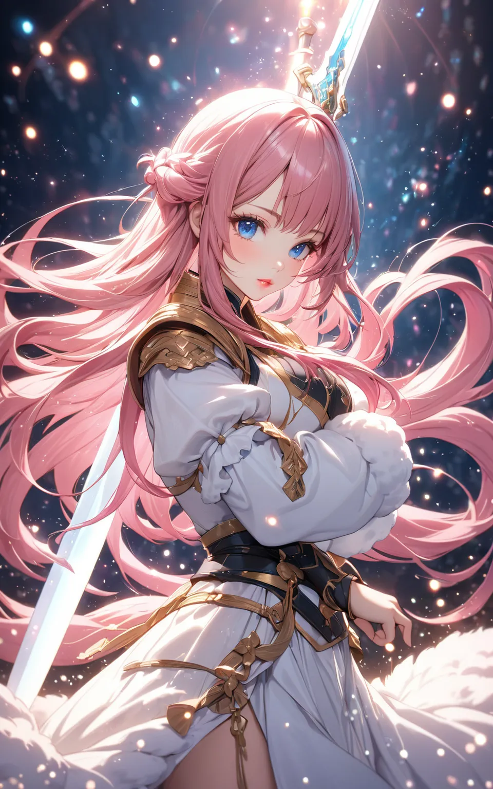 beautiful hands, (particles light:1.3), warrior, fluffy sleeves, spindled tails, Large sword, 
very cute and beautiful girl, (Pink hair:1.2), blue eyes, long hair, beautiful lips, 