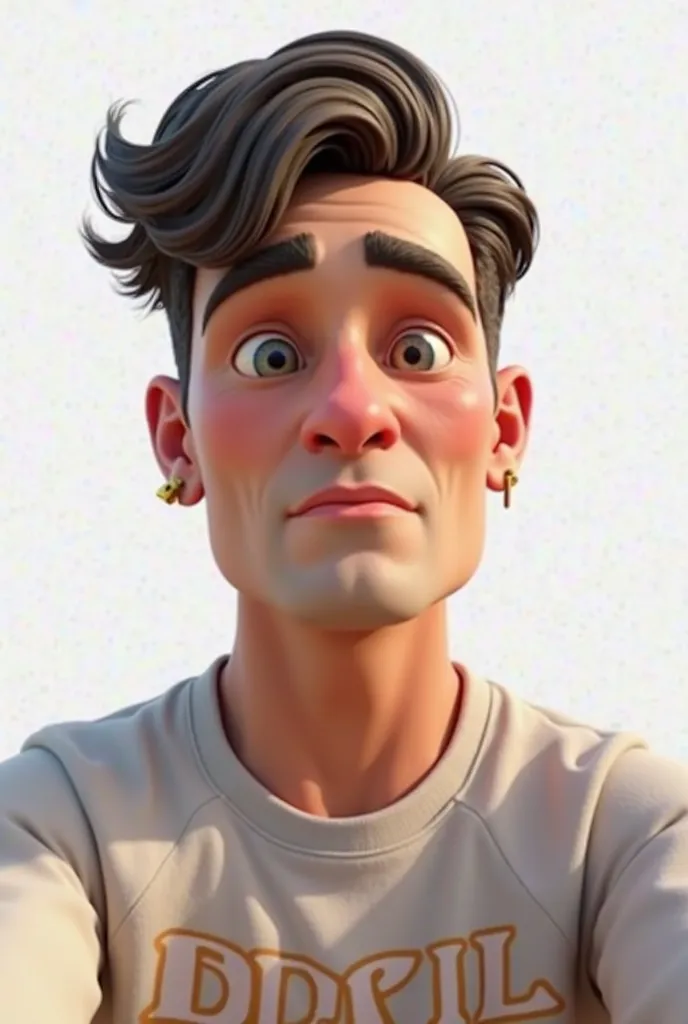 3d animation character man, cute with small cross earring, straight hair with curly/wavy ends, at the angle of a selfie on the cell phone, symmetrical face,  old ager, with a Brazil sweatshirt, something modern without rosy cheeks, and on a transparent bac...