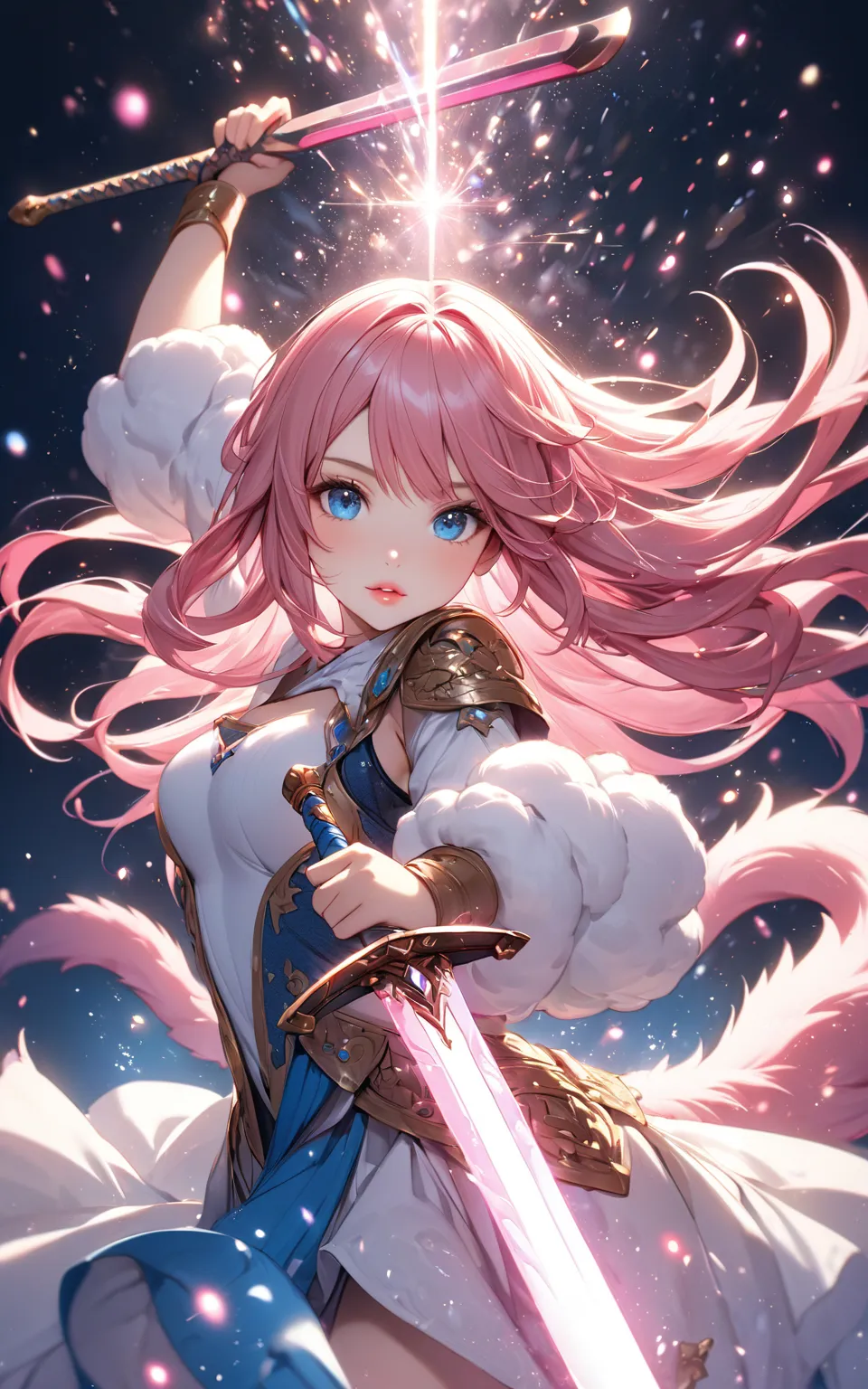 beautiful hands, (particles light:1.3), warrior, fluffy sleeves, spindled tails, Large sword, 
very cute and beautiful girl, (Pink hair:1.2), blue eyes, long hair, beautiful lips, 