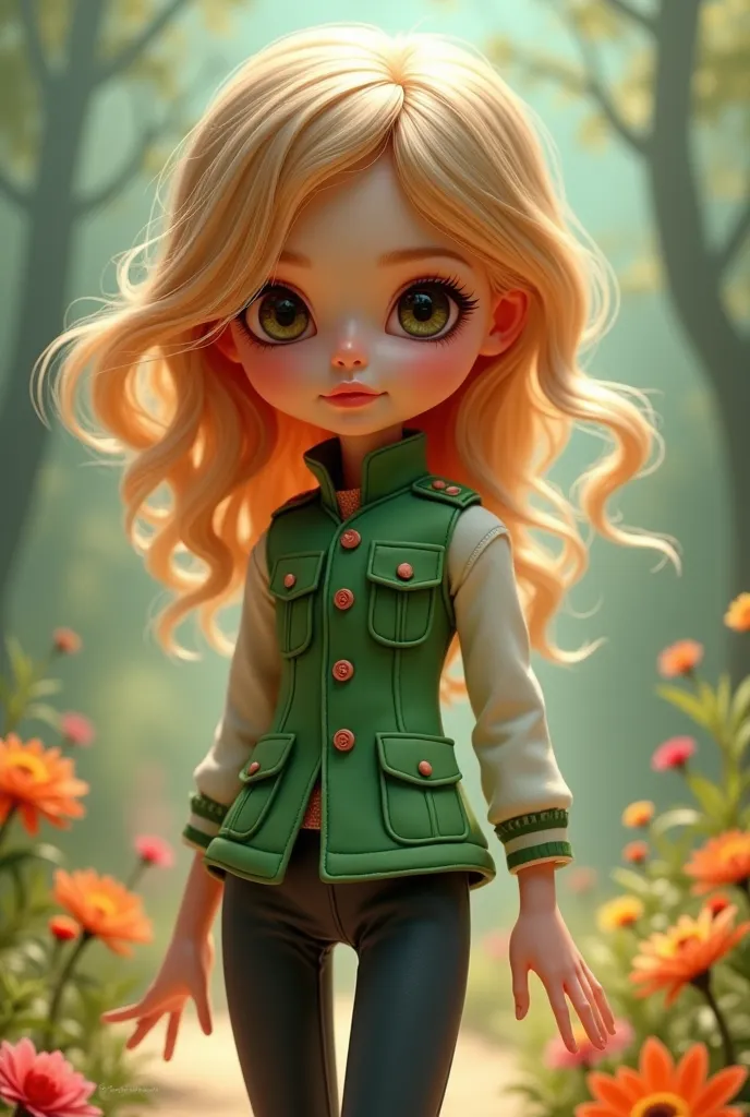 2d doll with wavy hair, dressed in a green EPI vest, black pants and