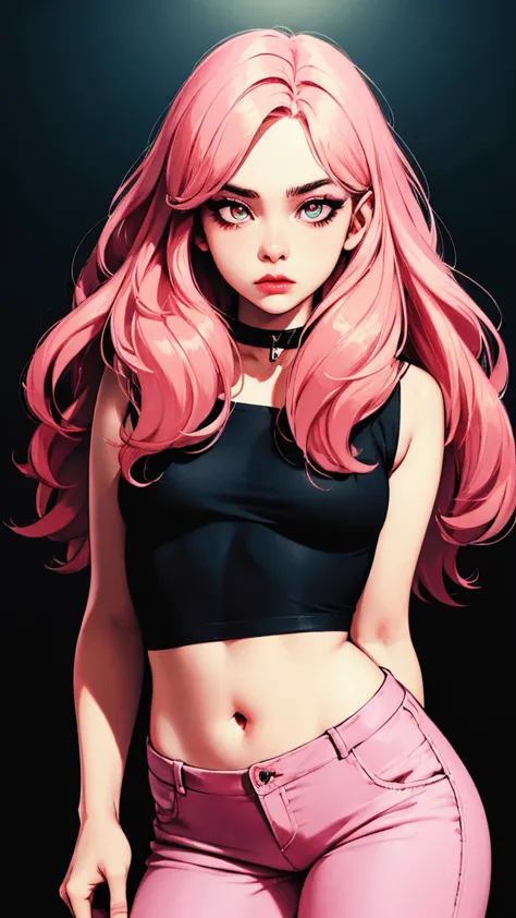 (masterpiece, best quality:1.4), official art, absurdres, vivid colors, looking at viewer, girl, asian , long pink hair, beautiful eyes, tight crop top, tight pants, choker, navel, slender, big breasts, cleavage, (arch back), small head, sharp focus, dynam...