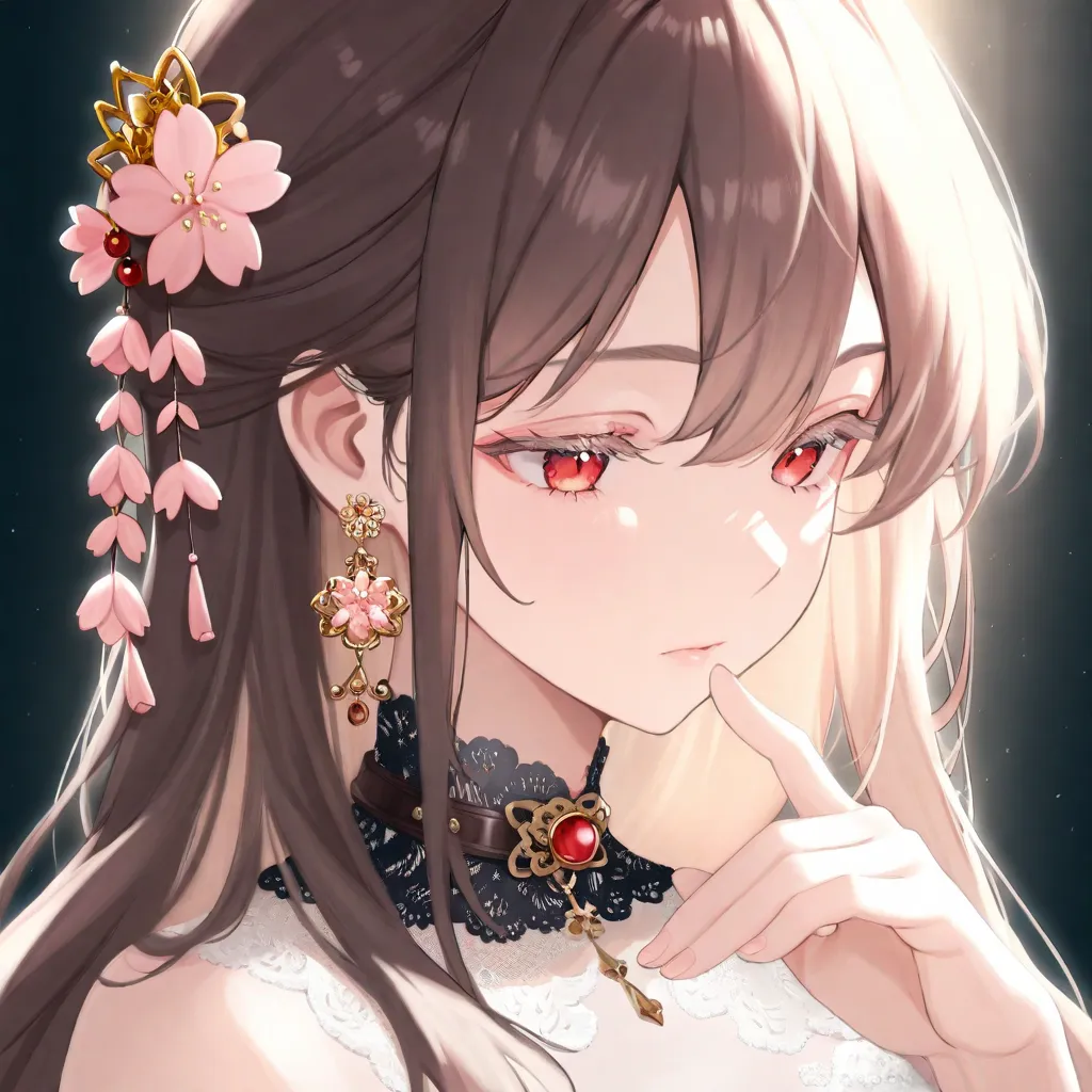 1 girl, earrings, masterpiece,collar, white lace dress, raise your hand,  jewelry, brown hair, long hair, portrait, Colored eyelashes,, Red Eyes, Cherry blossom trees、golden crown、Cherry blossom hair ornament、waist up、 Sakurabuki