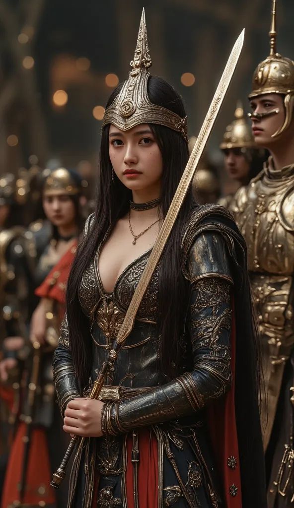 (   Hyperrealist), (High Resolution), (8k), ( very detailed ),, ( beautiful eye detail、top quality ), (Super Redundant ), (artwork), (  wallpaper), (    facial details    ),   standing behind   alone, 1 girl, Japanese 25 years old、Magic Sword、Standing on s...