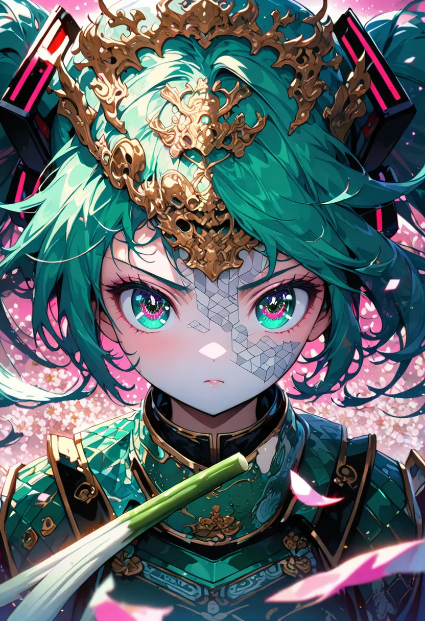 ((Hatsune Miku, Samurai, Emerald Green Colored Japanese Armor, Cute, Holding Spring Onion, Looking at Camera, Serious Face, Cherry Blossom Background, Full Body)), ((High Resolution, Ultra High Resolution, Symmetrical Pattern, Vibrant Colors, Geometric Sha...