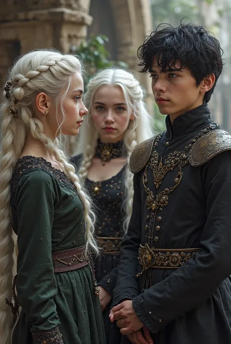 Create an image where four people are: a brunette girl with white hair styled in a long braid and a medieval House of The Dragon costume, a white boy with wavy black hair that is slightly lower than his ears, a girl with a white complexion and white hair a...