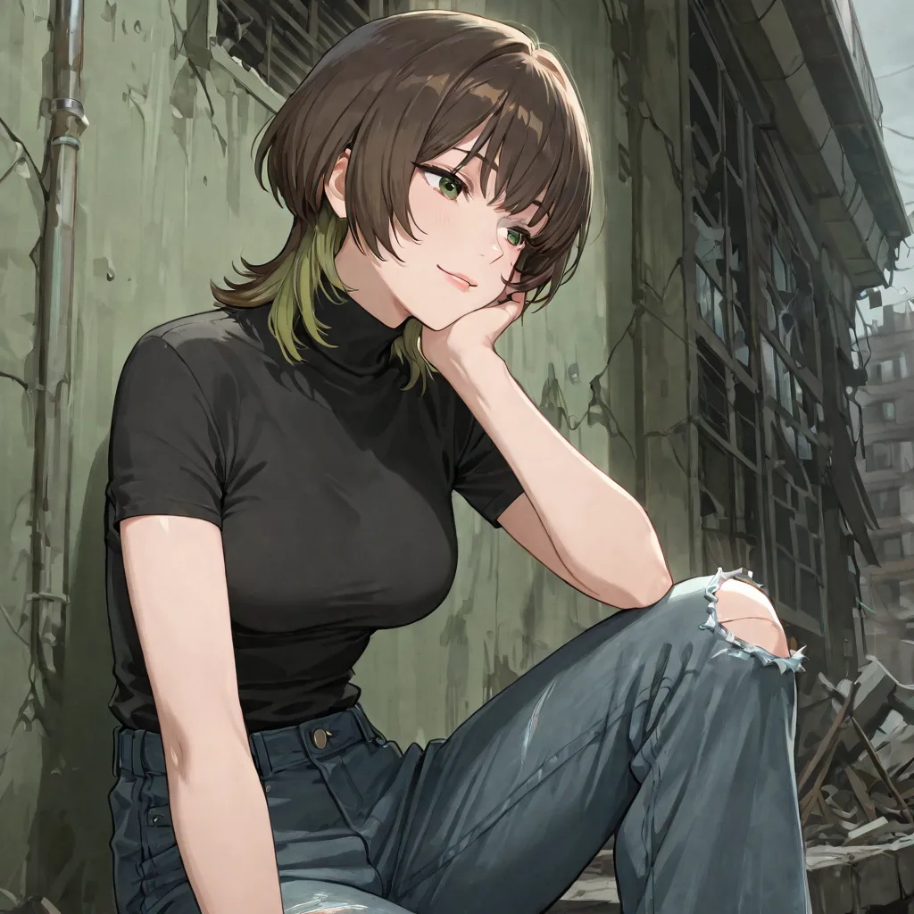 1 woman, mature woman, mature female, mature face, medium breasts, short brown hair with green ends (wolf cut), black turtleneck t-shirt, black ripped jeans at the knee, the background is a destroyed building  