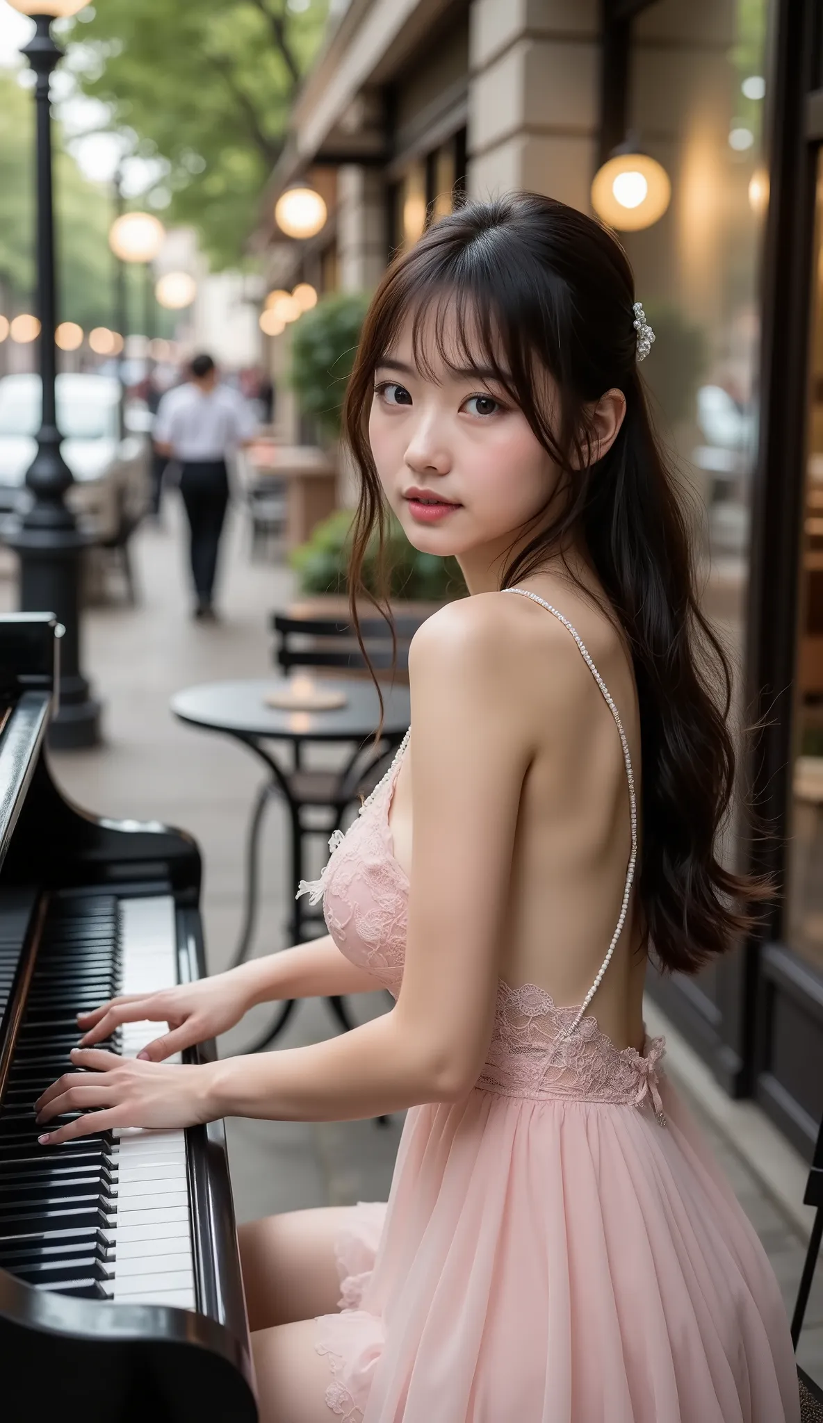 50mm lens，High Angle，Ultra HD，High image quality。A 20-year-old Japanese beauty concentrates on playing the piano,。 slender calves , Clear cleavage long hair ，Five slender full fingers,Wear a Light Pink Lace Backless Dress，Pearls Embellished with Dreamy， ba...