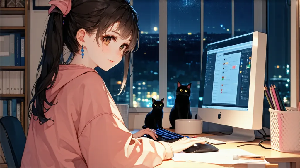 Girl working on a computer in a room with a night view、there are cats nearby