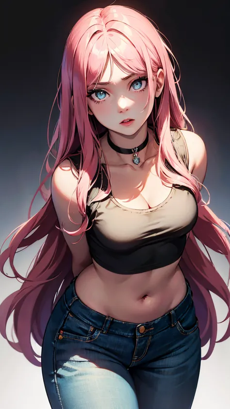 (masterpiece, best quality:1.4), official art, absurdres, vivid colors, looking at viewer, girl, asian , long pink hair, beautiful eyes, tight crop top, tight pants, choker, navel, slender, big breasts, cleavage, (arch back), small head, sharp focus, dynam...