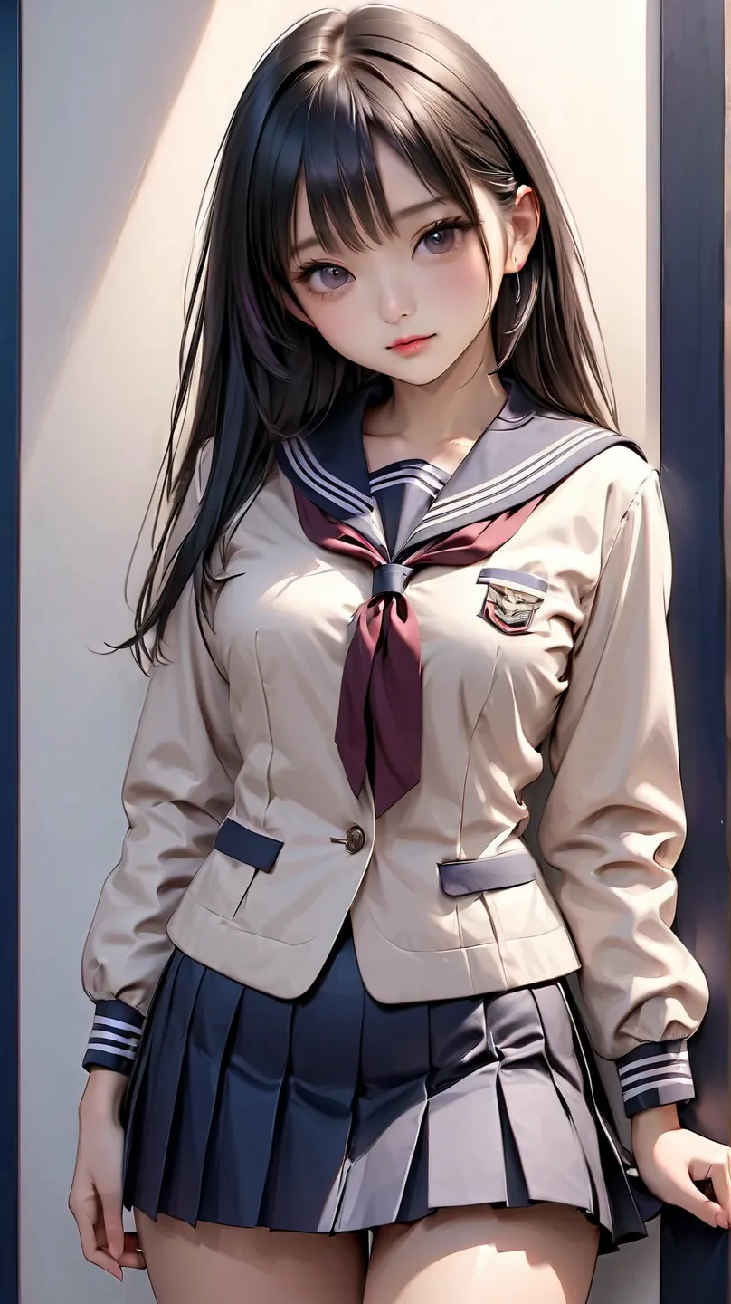 Young woman, Asian, mid-s,  in a  sailor-style uniform,  light beige jacket with a navy blue collar,  bow tie,  and  pleated navy blue mini-skirt,  light makeup,  long black hair,  soft facial expression,  standing pose,  casual and elegant style,  smooth ...