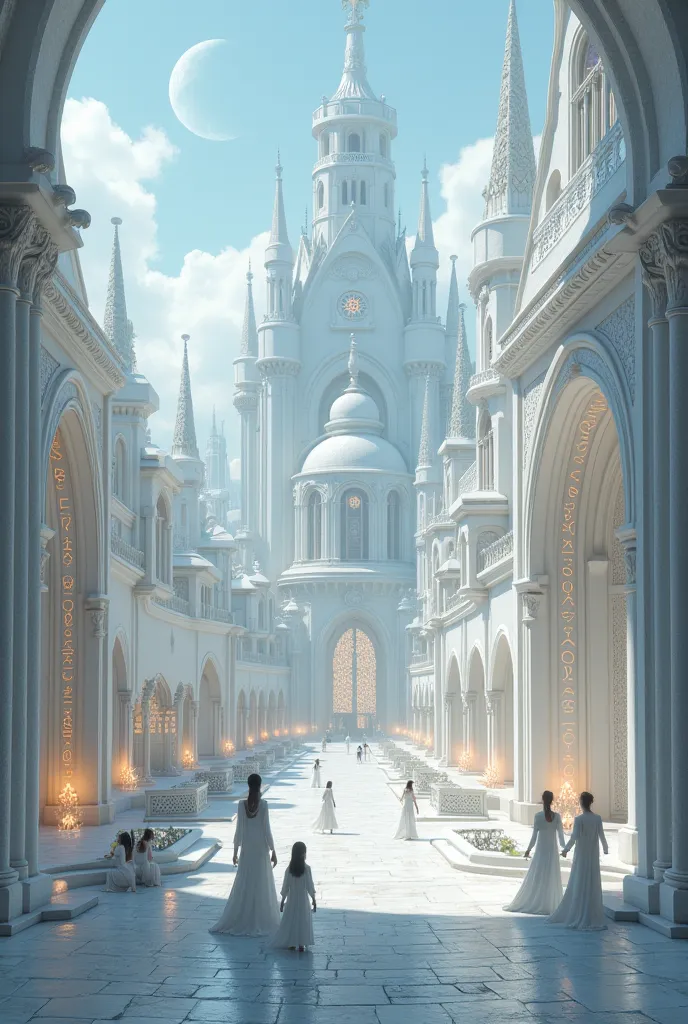 A medieval city with a white theme and bearing crystals and symbols of the Moon 