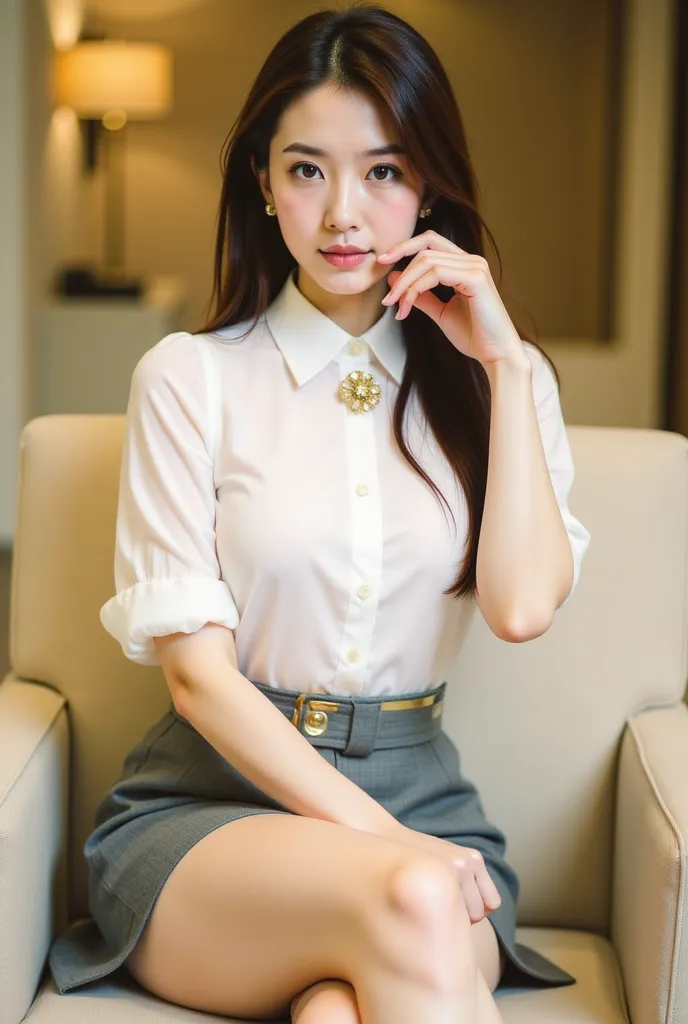 a young woman seated on a light-colored chair in an indoor setting, likely an office or lounge. She has long, dark hair styled neatly, and her expression is poised and confident. She is dressed in a professional yet stylish outfit, consisting of a white bl...